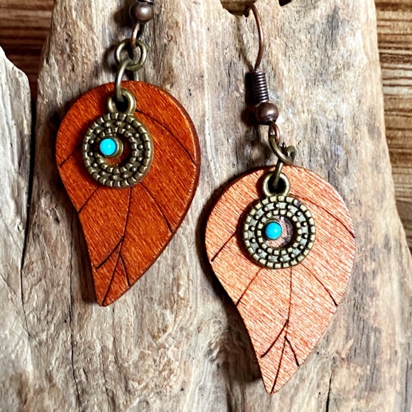Wooden Leaf Turquoise Bohemian Earrings - Picture 2 of 4